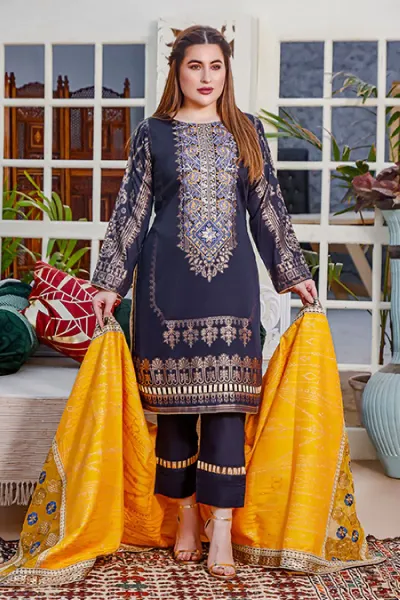 Pakistani Lawn Broshia Banarasi Stitched 3Pcs_ Navy Blue