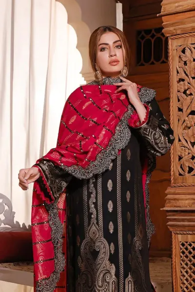 Pakistani Lawn Broshia Banarasi Stitched 3Pcs _ Black