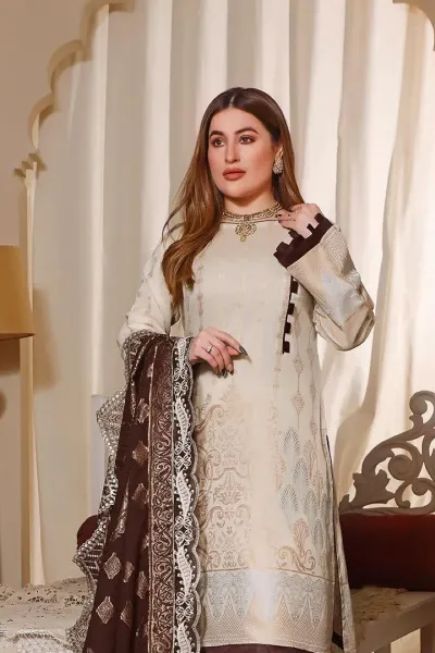 Pakistani Lawn Broshia Banarasi Stitched 3Pcs _Off White
