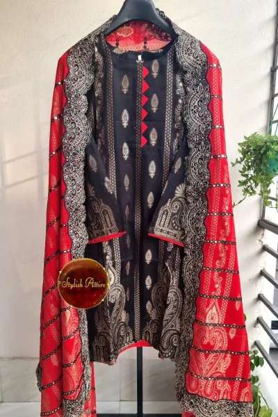 Pakistani Lawn Broshia Banarasi Stitched 3Pcs _ Black