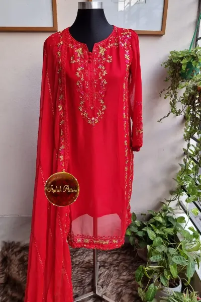 Pakistani Chiffon Stitched 2 Pcs_ Red
