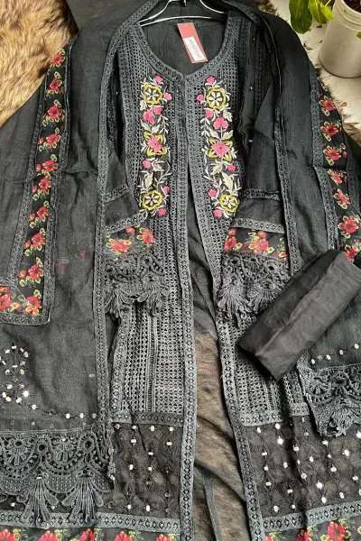 Pakistani Cotton Net Semi Stitched Gown 3pcs _ Black 