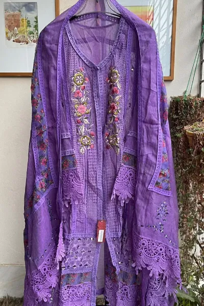 Pakistani Cotton Net Semi Stitched Gown 3pcs _ Purple  