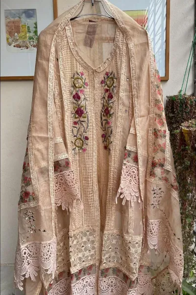 Pakistani Cotton Net Semi Stitched Gown 3pcs _ Golden  Beige 