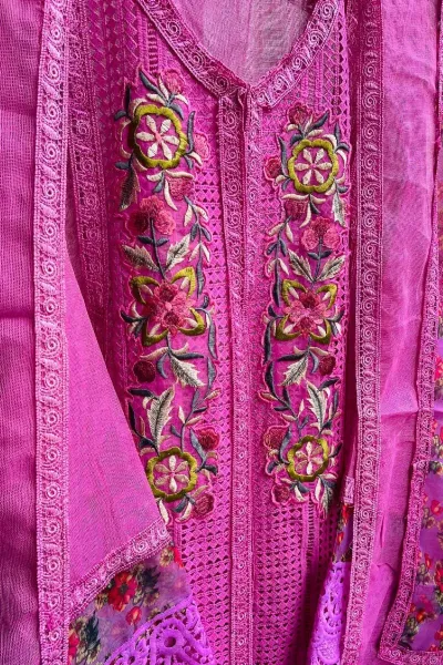 Pakistani Cotton Net Semi Stitched Gown 3pcs _ Magenta 