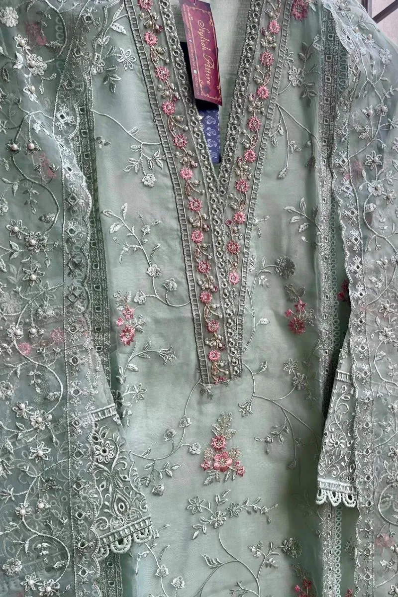 Pakistani Original Sadabahar Organza Stitched 2Pcs _  Aqua 