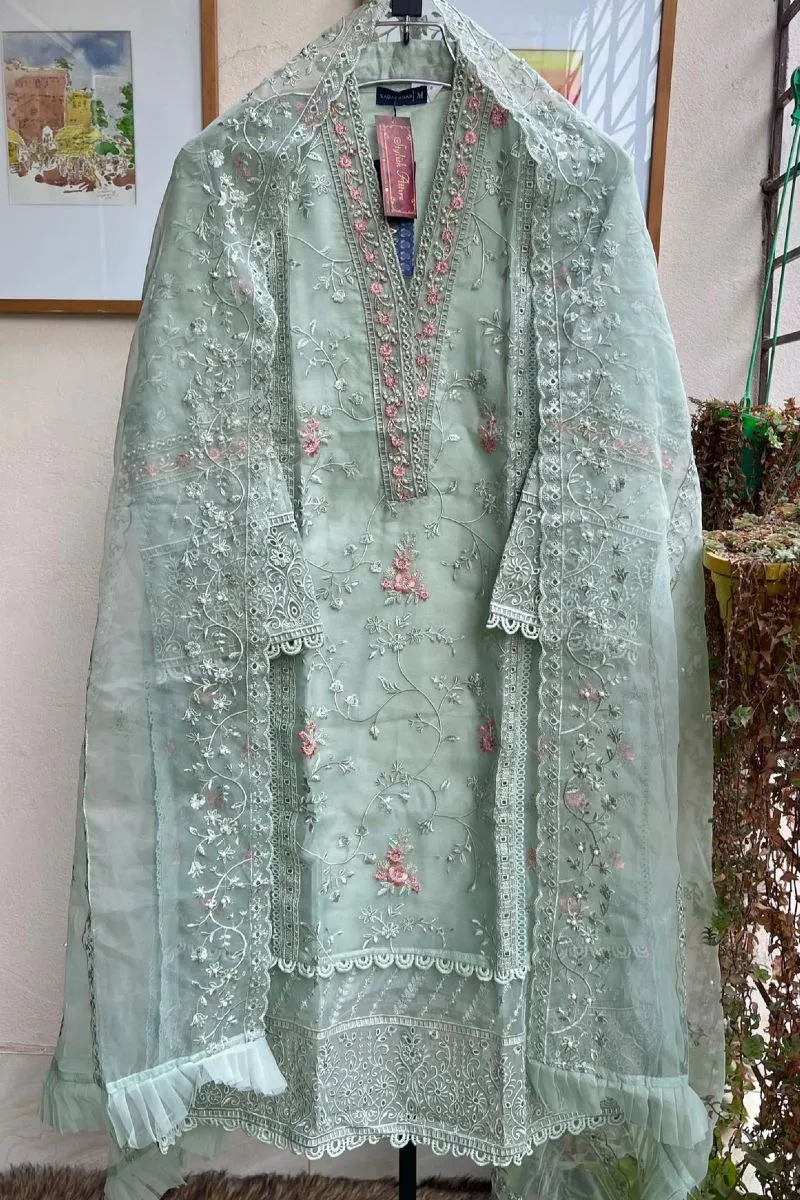 Pakistani Original Sadabahar Organza Stitched 2Pcs _  Aqua 