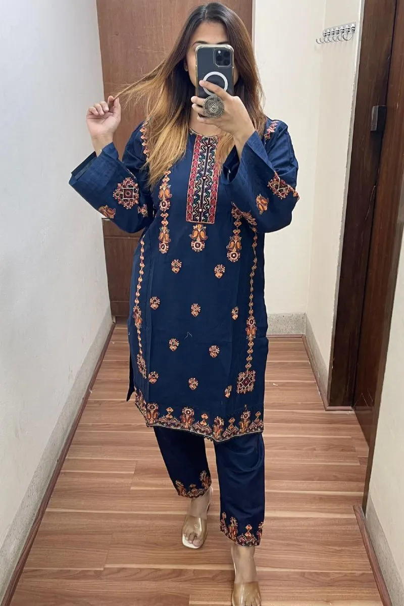 Pakistani Hayat's Stitched Cotton 2pcs _ Navy Blue 