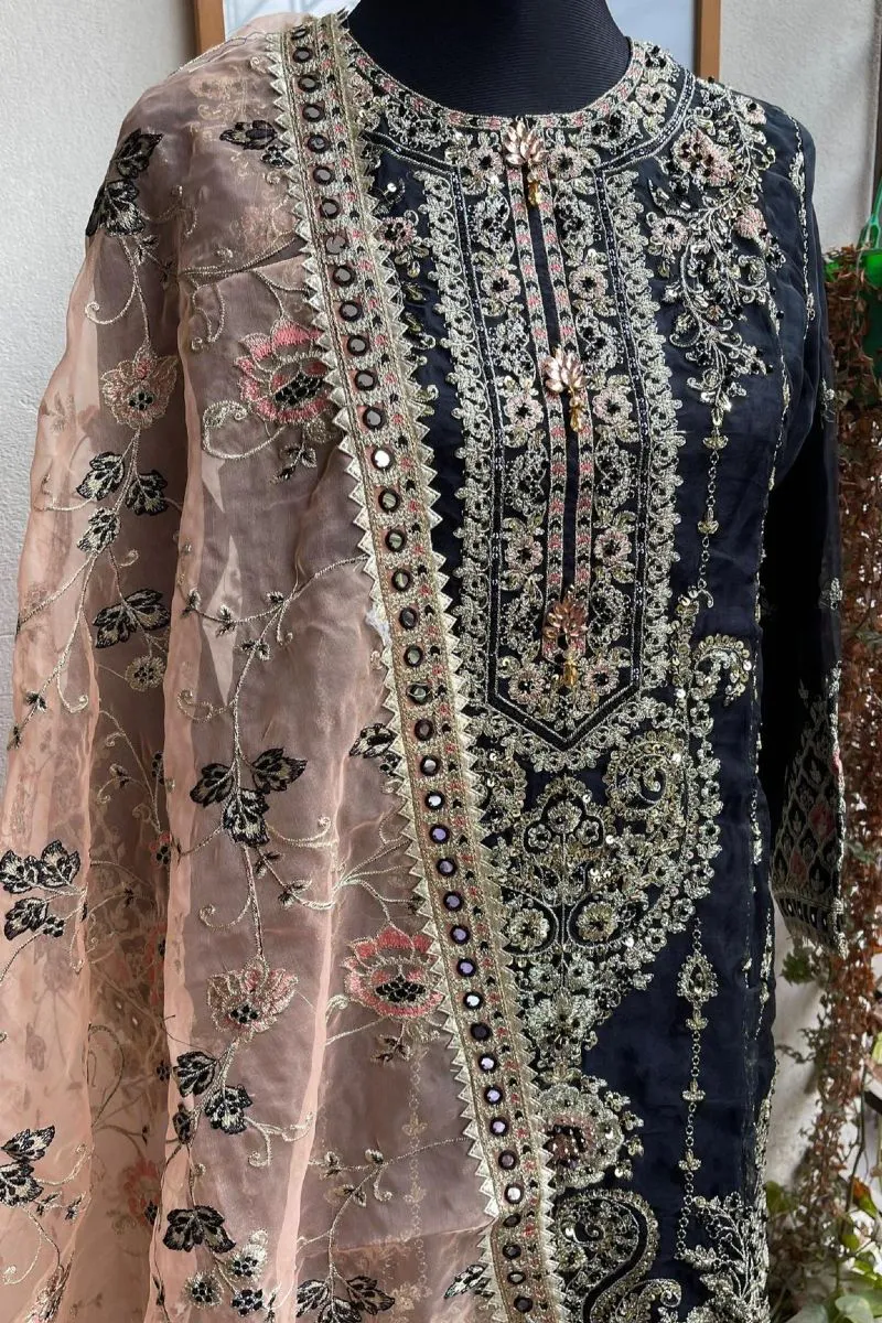Pakistani Hayat's Stitched Organza 3pcs _ Black