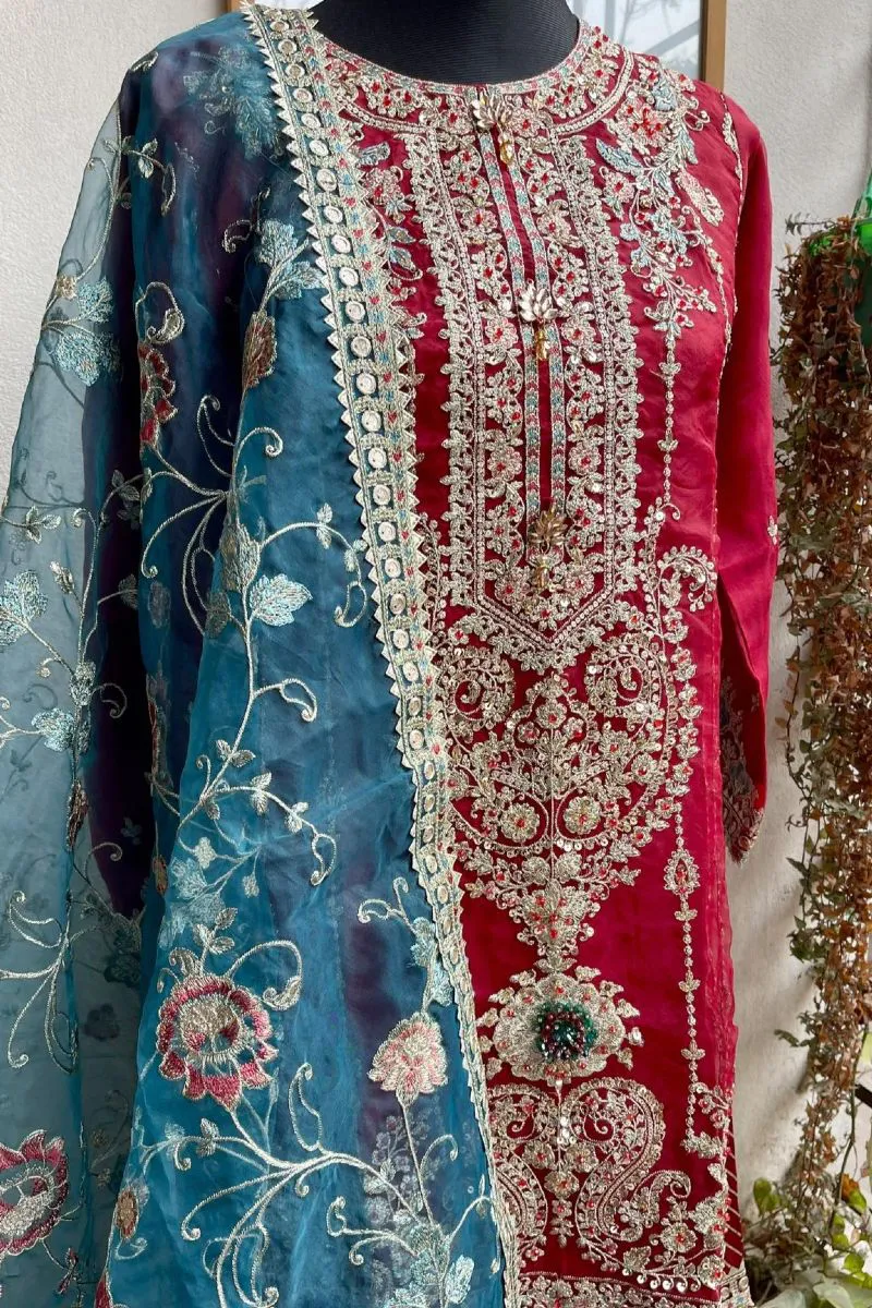 Pakistani Hayat's Stitched Organza 3pcs _ Marron 