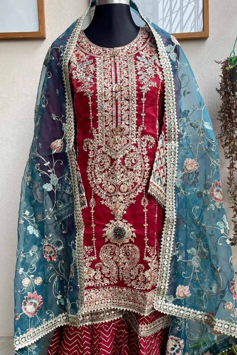 Pakistani Hayat's Stitched Organza 3pcs _ Marron 