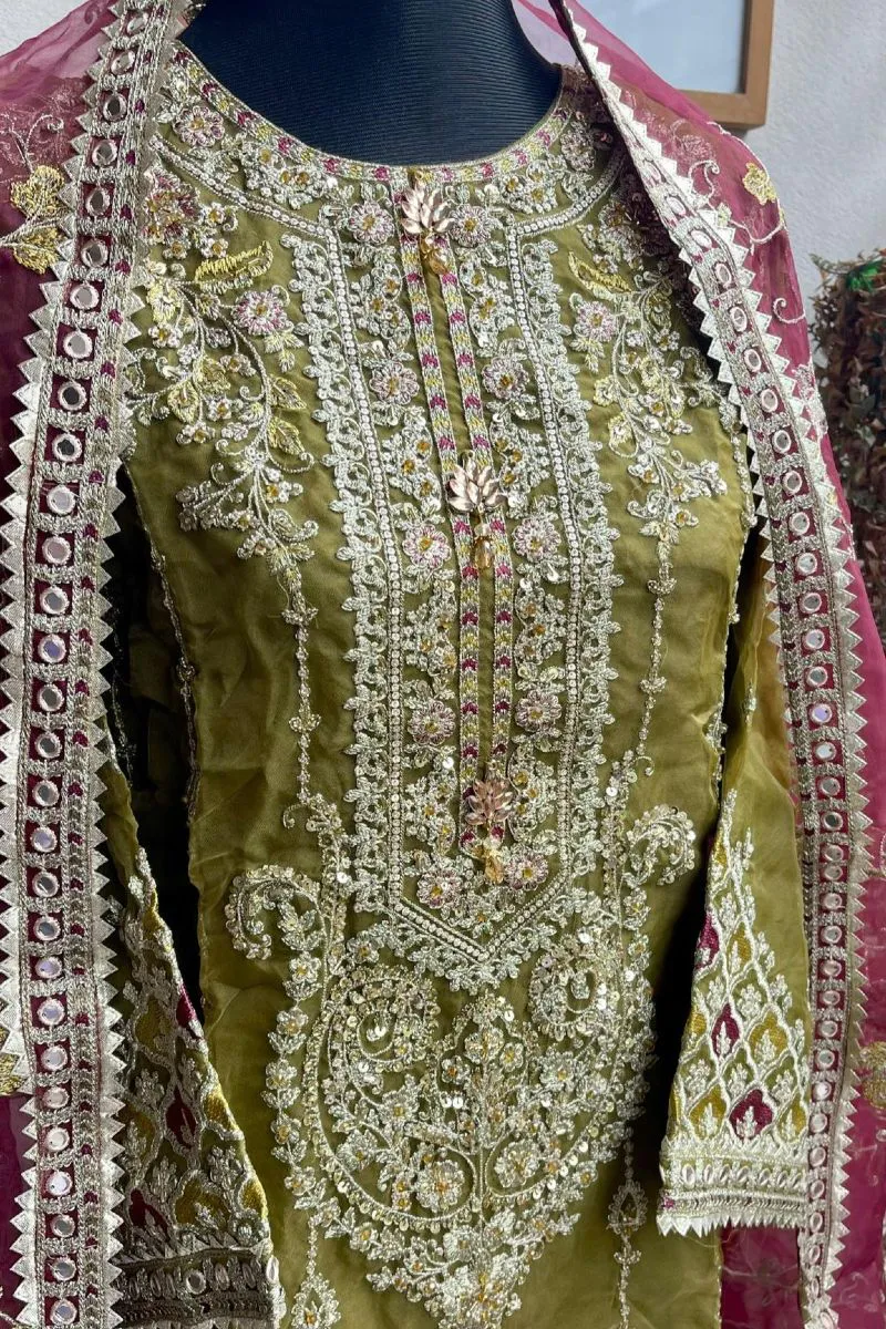 Pakistani Hayat's Stitched Organza 3pcs _ Olive 