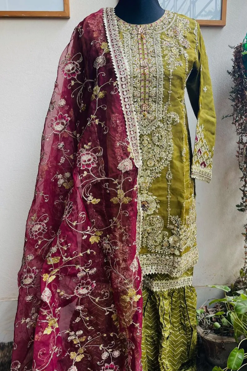 Pakistani Hayat's Stitched Organza 3pcs _ Olive 