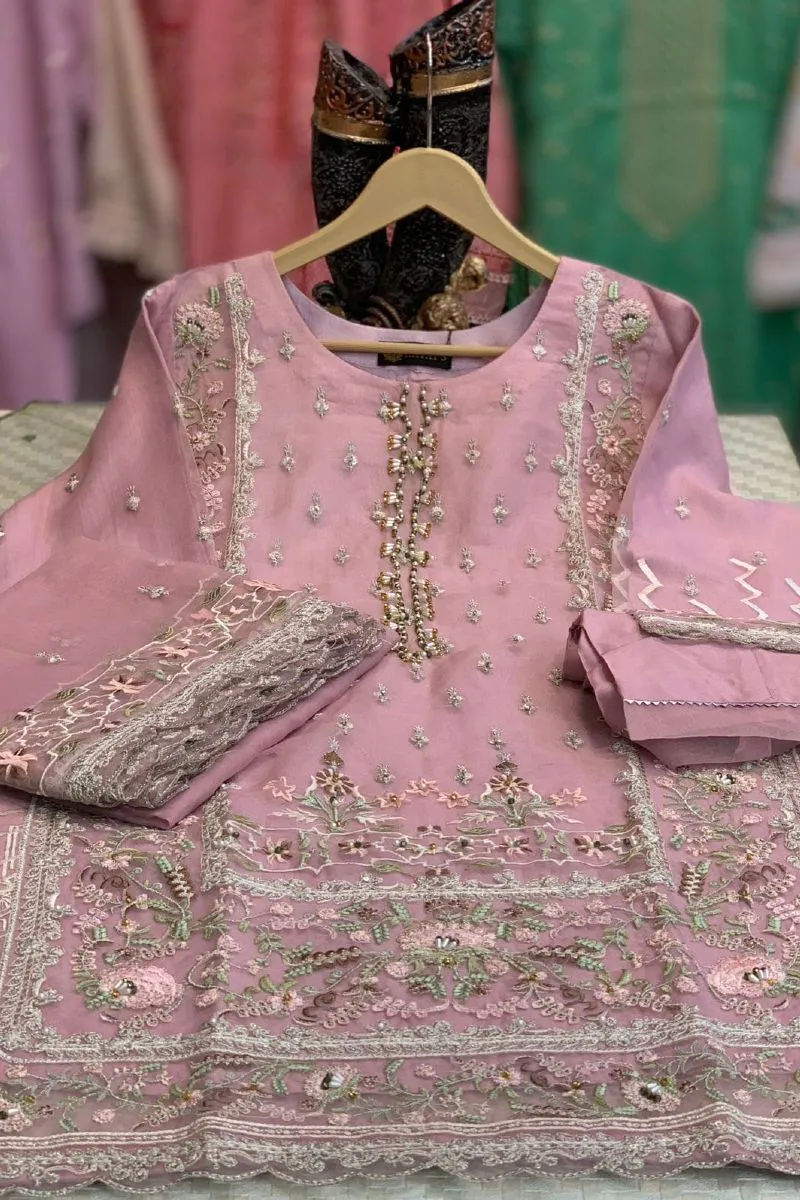 Pakistani Hayat's Stitched Organza 3pcs _ Pink