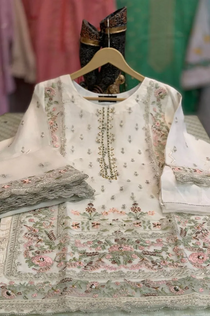 Pakistani Hayat's Stitched Organza 3pcs _ Off White 