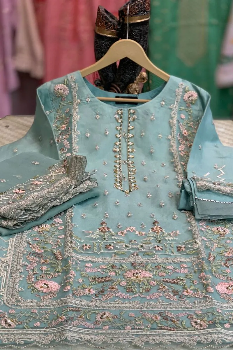 Pakistani Hayat's Stitched Organza 3pcs _ Aqua 