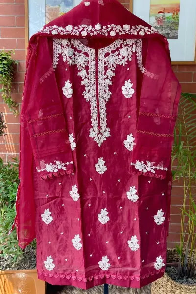 Pakistani Organza Stitched 2Pcs _ Maroon