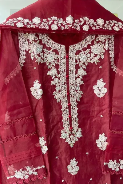 Pakistani Organza Stitched 2Pcs _ Maroon