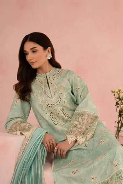 Pakistani Afrozeh Leonora The Folral Charm Lawn Unstitched 3pcs_Apple Green
