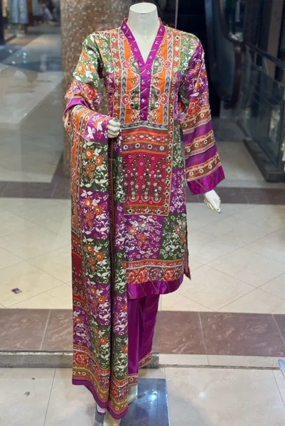 Pakistani Original Rangoon Stitched Silk 3 Pcs _ Green & Multi 