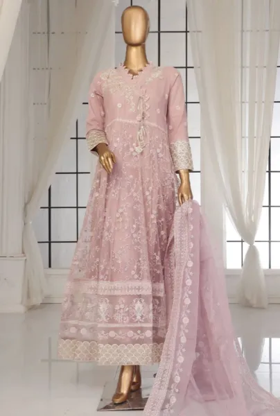 Pakistani Original Sadabahar Luxury Cotton-Net Gown Stitched 3 Pcs _ Pink 