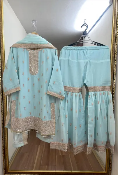 Pakistani Original Rangoon Luxury Chiffon Stitched Garara 3 Pcs _ Mint 