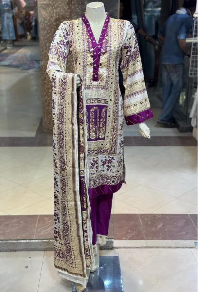 Pakistani Original Rangoon Stitched Silk 3 Pcs _ Purple & Multi 