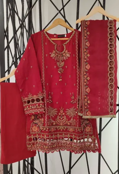 Pakistani Original Sadabahar Luxury Organza Stitched 3 Pcs _ Maroon 