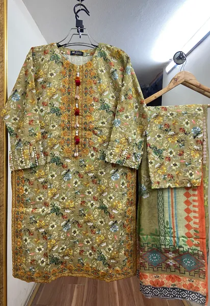 Pakistani Original Cotton Lawn Embroidered Stitched 3Pcs Olive 
