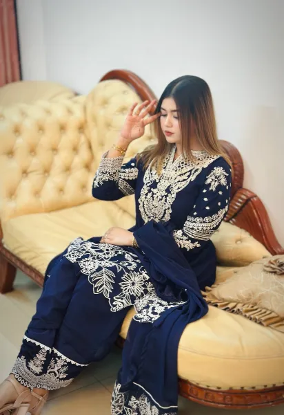 Pakistani Boutique Tail gown Style Chiffon 3Pcs _ Navy Blue 