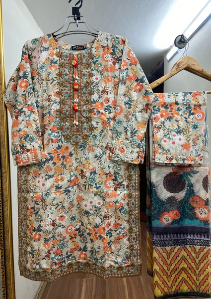 Pakistani Original Cotton Lawn Embroidered Stitched 3Pcs _ Beige & Multi 