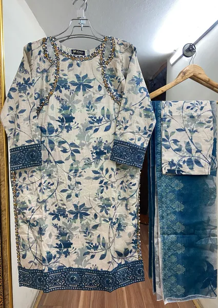 Pakistani Original Cotton Lawn Embroidered Stitched 3Pcs _ Beige 