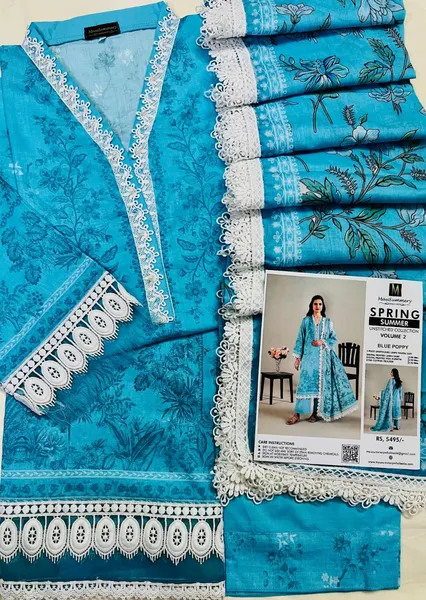 Pakistani Original Mausummery Cotton Stitched 3 Pcs _ Sky Blue 