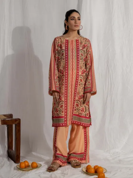 Adan's Libas Satin Lawn Stitched Co-Ords _ Peach & Maroon 