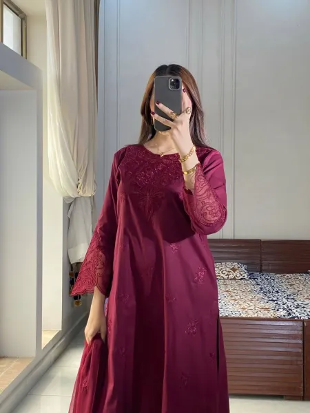 Original Pakistani Boutique Cambric Cotton Stitched 3Pcs _ Dark Maroon 