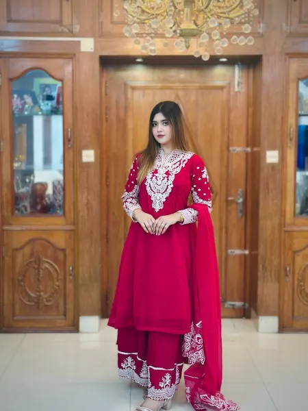 Pakistani Boutique Tail gown Style Chiffon 3Pcs _ Magenta 