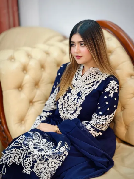 Pakistani Boutique Tail gown Style Chiffon 3Pcs _ Navy Blue 