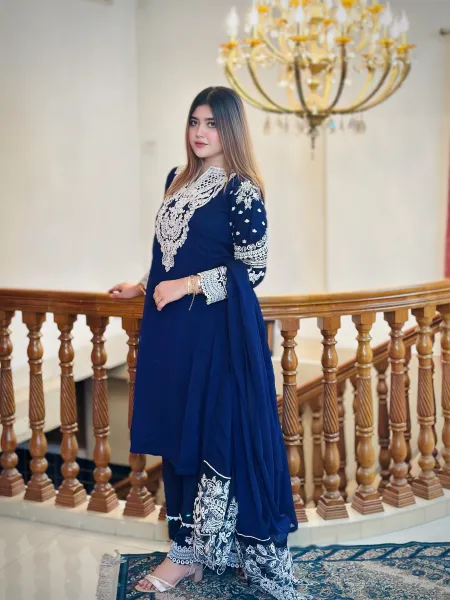 Pakistani Boutique Tail gown Style Chiffon 3Pcs _ Navy Blue 