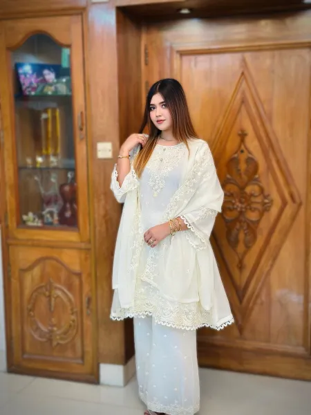 Rangoon Frock style Chiffon Stitched 3 Pcs With Palazzo_ Off White
