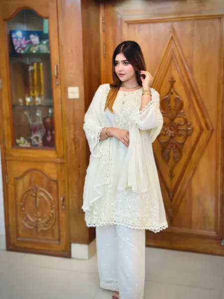 Rangoon Frock style Chiffon Stitched 3 Pcs With Palazzo_ Off White
