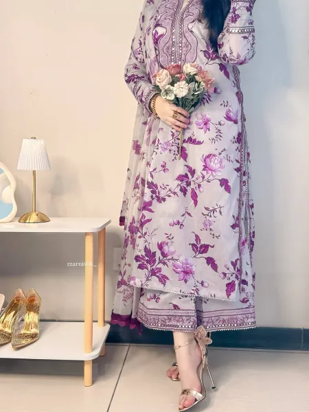 Pakistani Original Aneelas Pure Lawn Stitched 3Pcs _ Lavender 