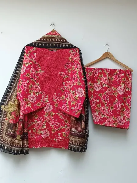 Original Pakistani Textured Lawn with Farshi Salwar. Brand: Sahiba's By Mirza _ Magenta Red  