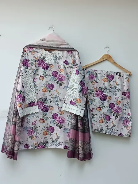 Original Pakistani Textured Lawn with Farshi Salwar. Brand: Sahiba's By Mirza  _ Off White & Purple 