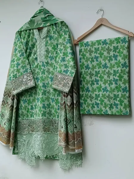 Original Pakistani Lahore Boutique Pure Lawn Stitched 3Pcs _ Ligth Green 