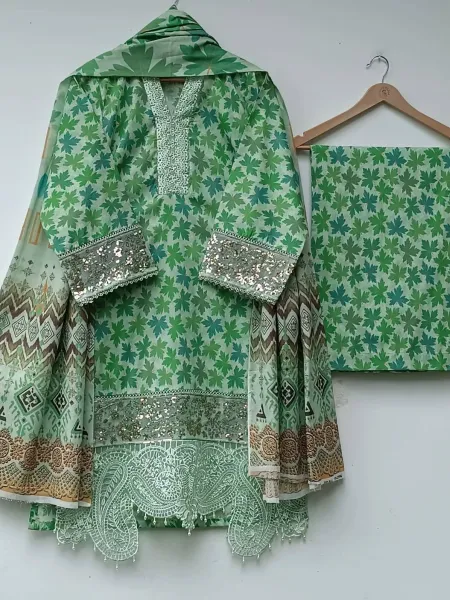 Original Pakistani Lahore Boutique Pure Lawn Stitched 3Pcs _ Ligth Green 
