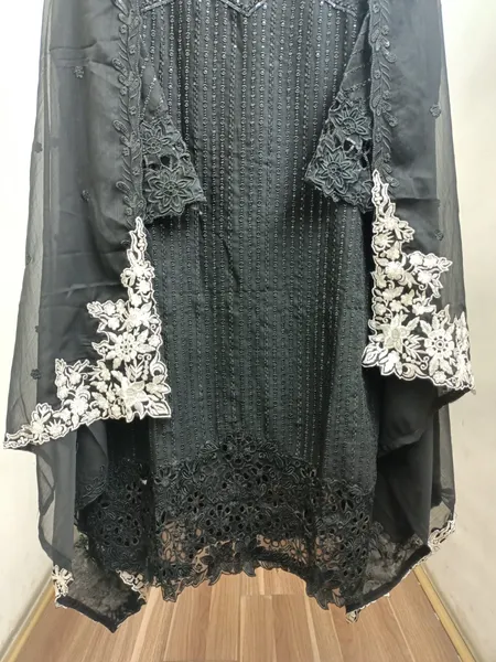 Pakistani Orginal Rangoon Chiffon Stitched 3 Pcs _ Black 