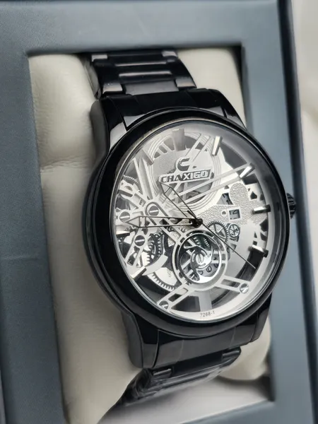 Luxury Skeleton Watch – White Dial & Black