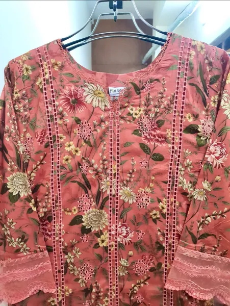 Original Pakistani Polawn Embroidered Stitched Lawn 3 Pcs _ Coral Pink 