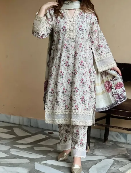 Original Pakistani Boutique Cotton Stitched 3Pcs _ Beige 