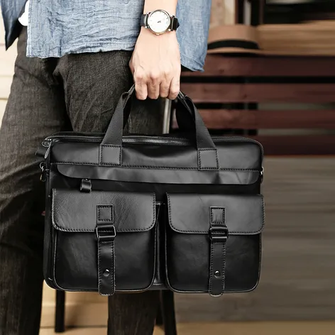 Genuine Leather Business Men's Briefcase –  Cowhide Laptop Bag with Shoulder Strap